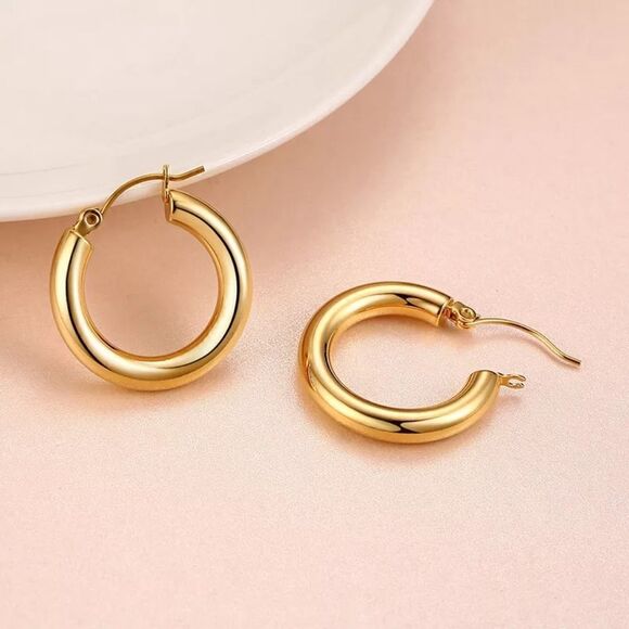 Madewell Jewelry - Madewell Chunky 18k Gold Filled Solid Hoop Earrings Huggie Style 1 Inch
